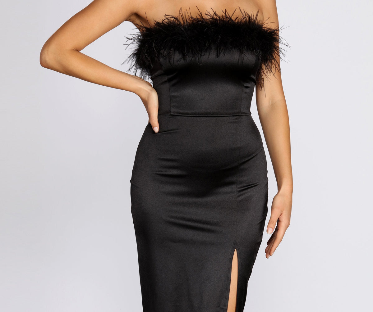 Feather Trim Strapless Satin Midi Dress