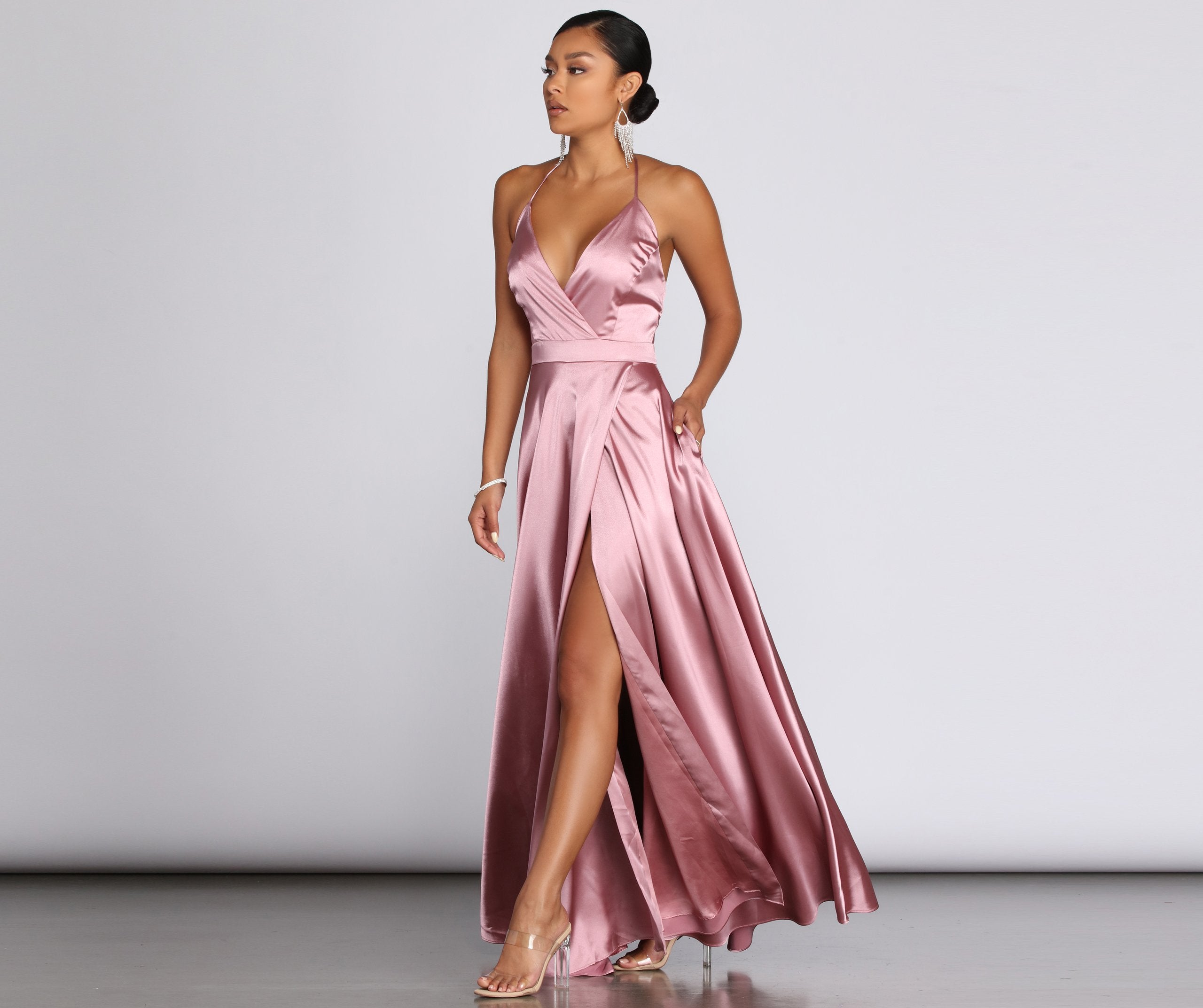 Ellie Formal Satin High Slit Dress - Fashionpara