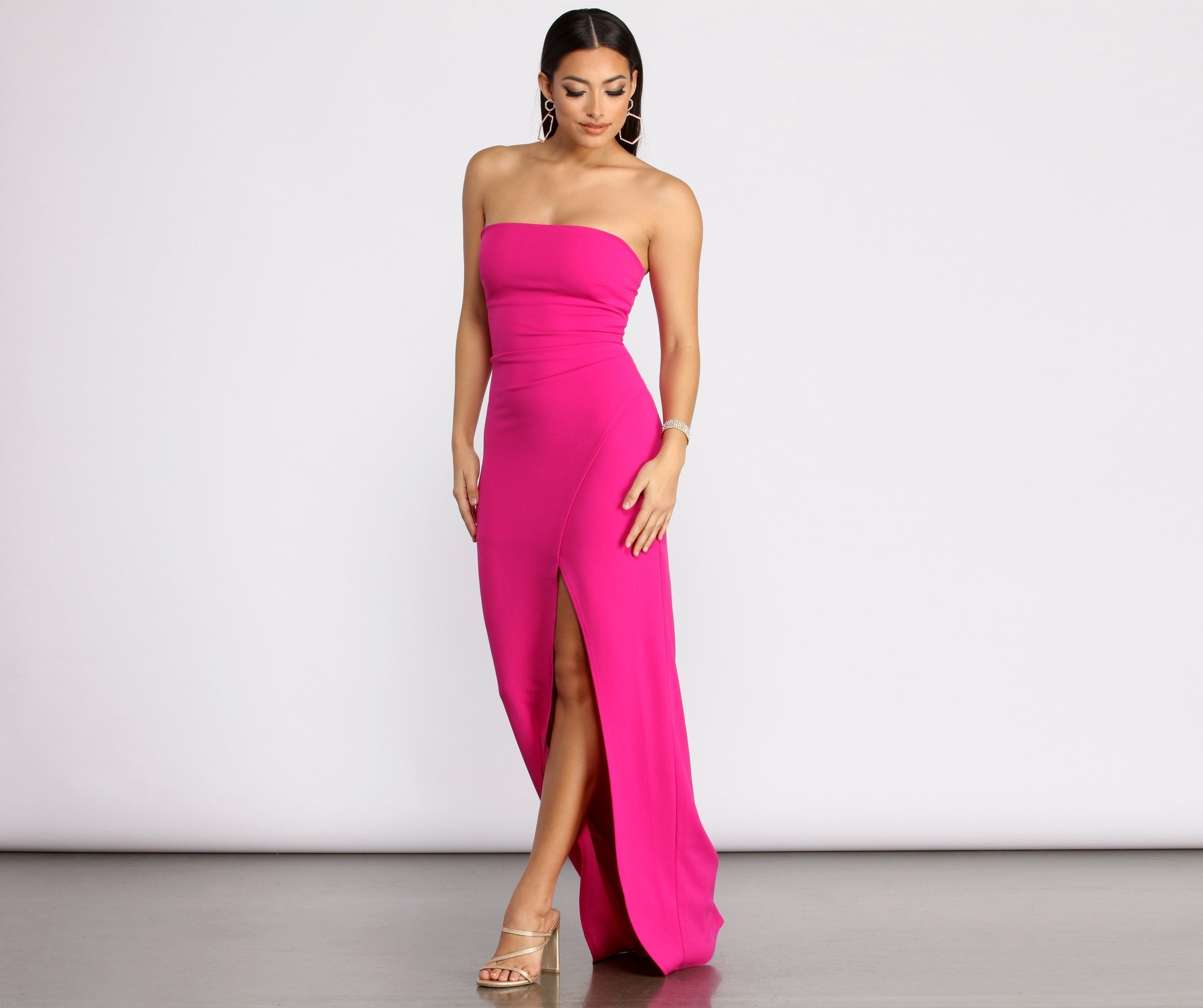 April Front Slit Strapless Crepe Dress - Fashionpara
