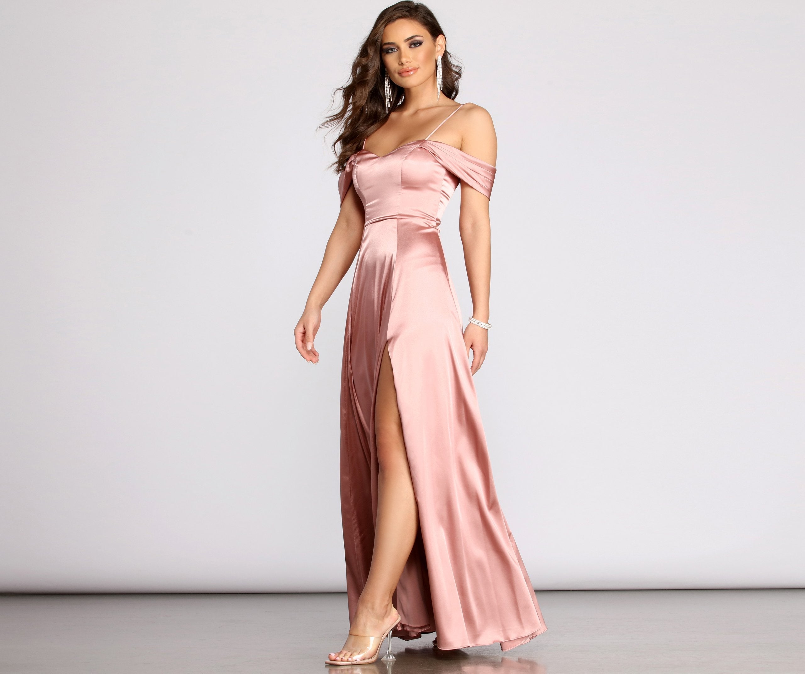 Cassia Lace-Up Back Off Shoulder Satin Dress - Fashionpara