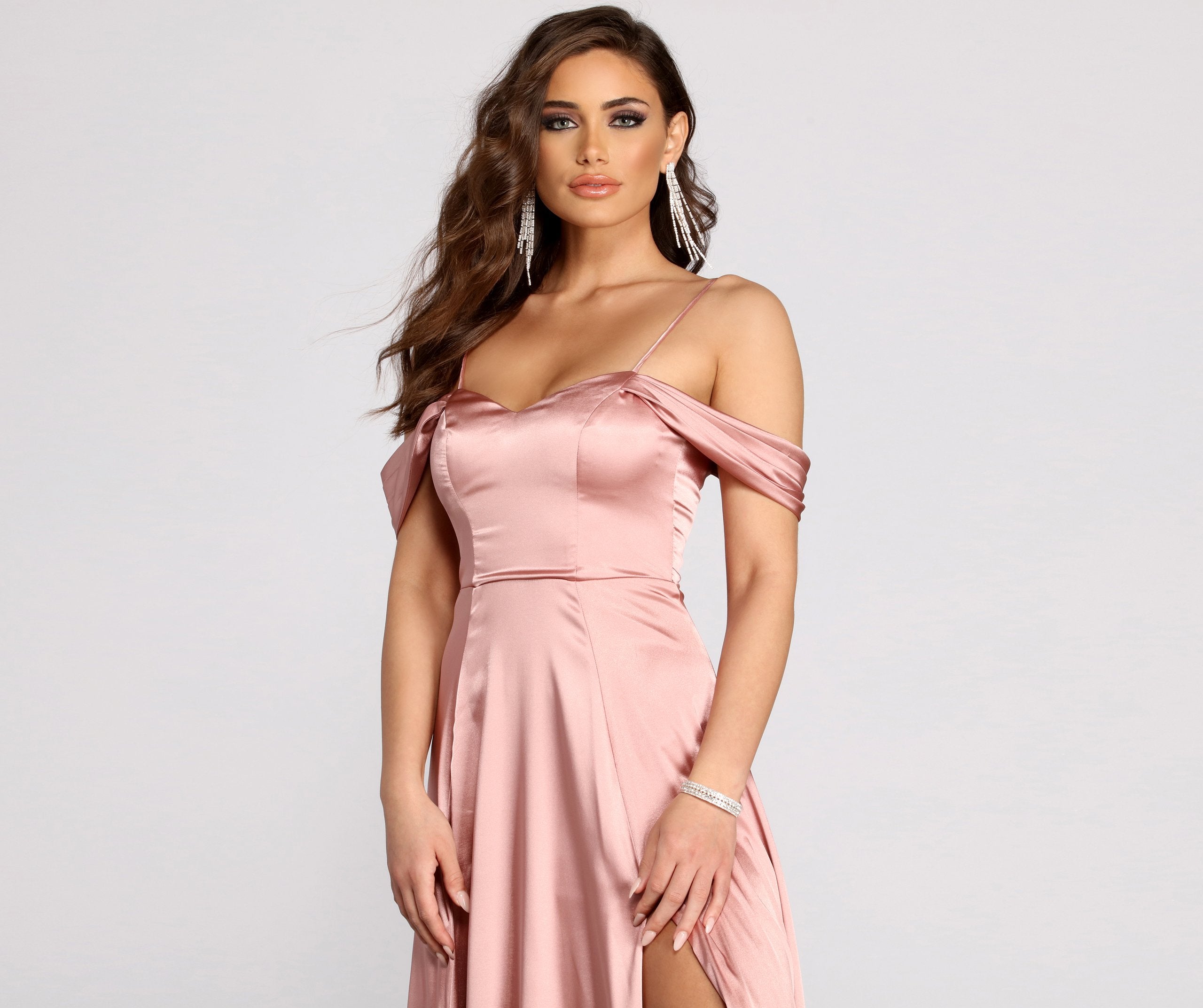 Cassia Lace-Up Back Off Shoulder Satin Dress - Fashionpara