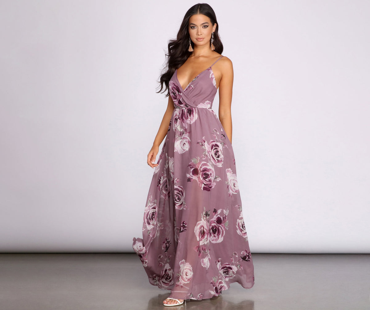 Floral Print Chiffon Deep V-Neck Wrap Bodice A-Line Maxi Dress