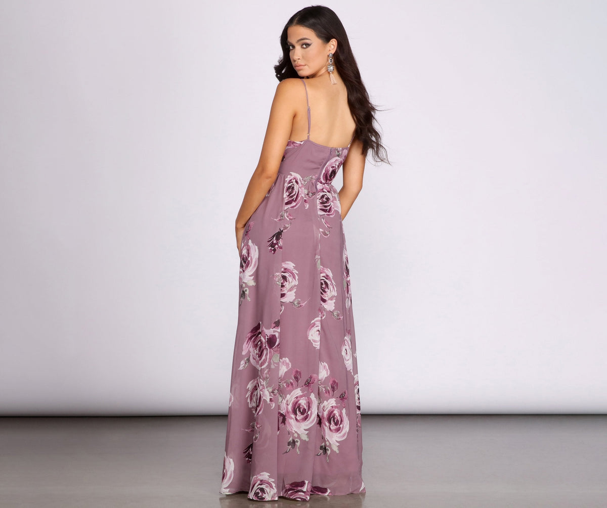 Floral Print Chiffon Deep V-Neck Wrap Bodice A-Line Maxi Dress - View 2