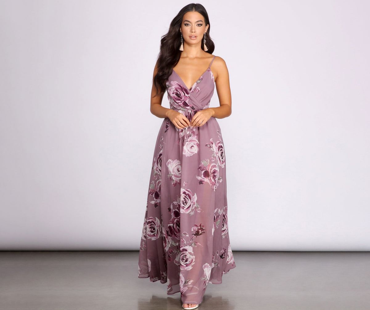 Floral Print Chiffon Deep V-Neck Wrap Bodice A-Line Maxi Dress - View 3