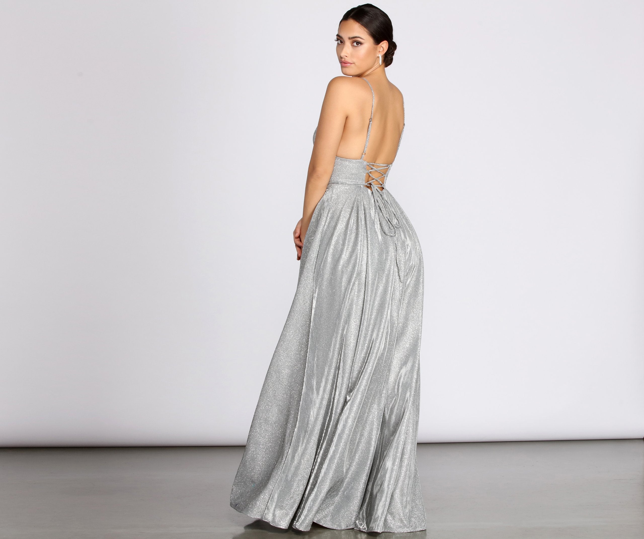 Asta Glitter Lace Up Back A-Line Dress - Fashionpara