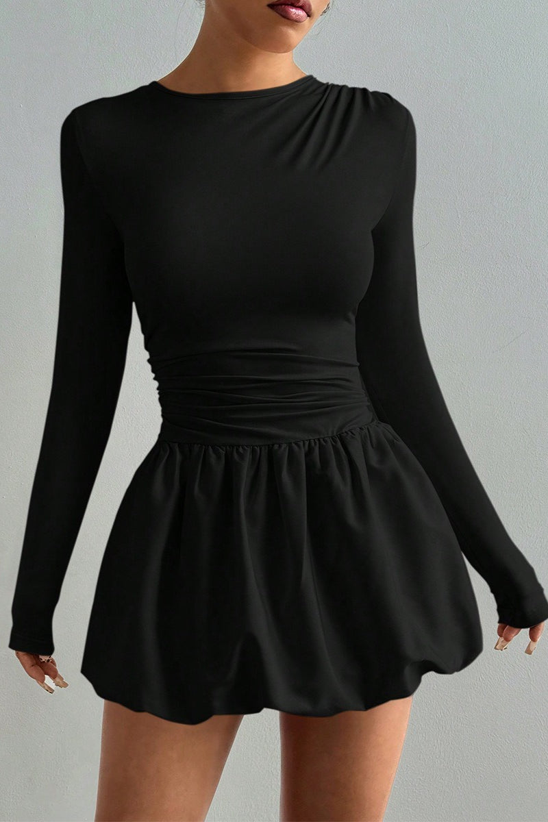 Crew Neck Long Sleeve Ruched Bubble Hem Mini Dress