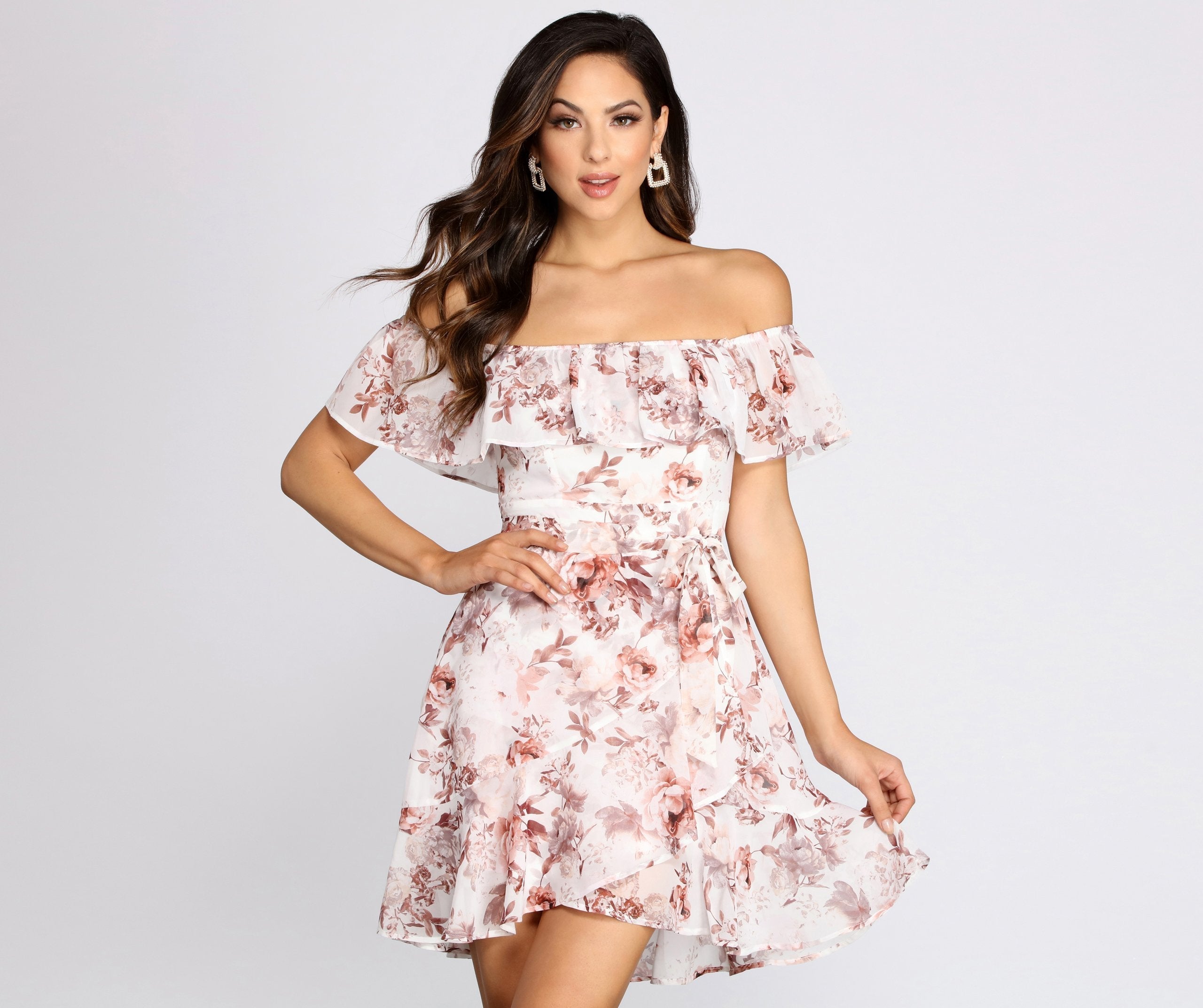Playful Petals Floral Chiffon Off Shoulder Mini Dress - Fashionpara