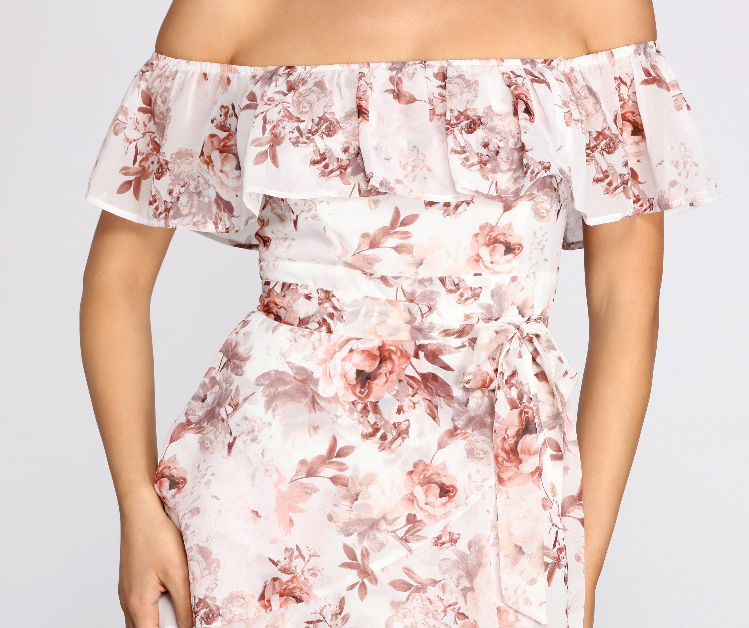Playful Petals Floral Chiffon Off Shoulder Mini Dress - Fashionpara