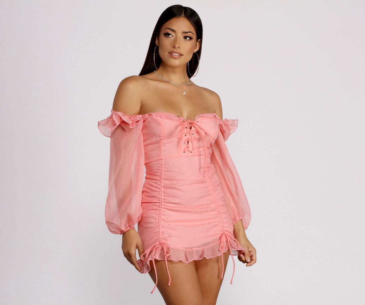 Sweetheart Puff Sleeve Lace-Up Ruched Bodycon Mini Dress