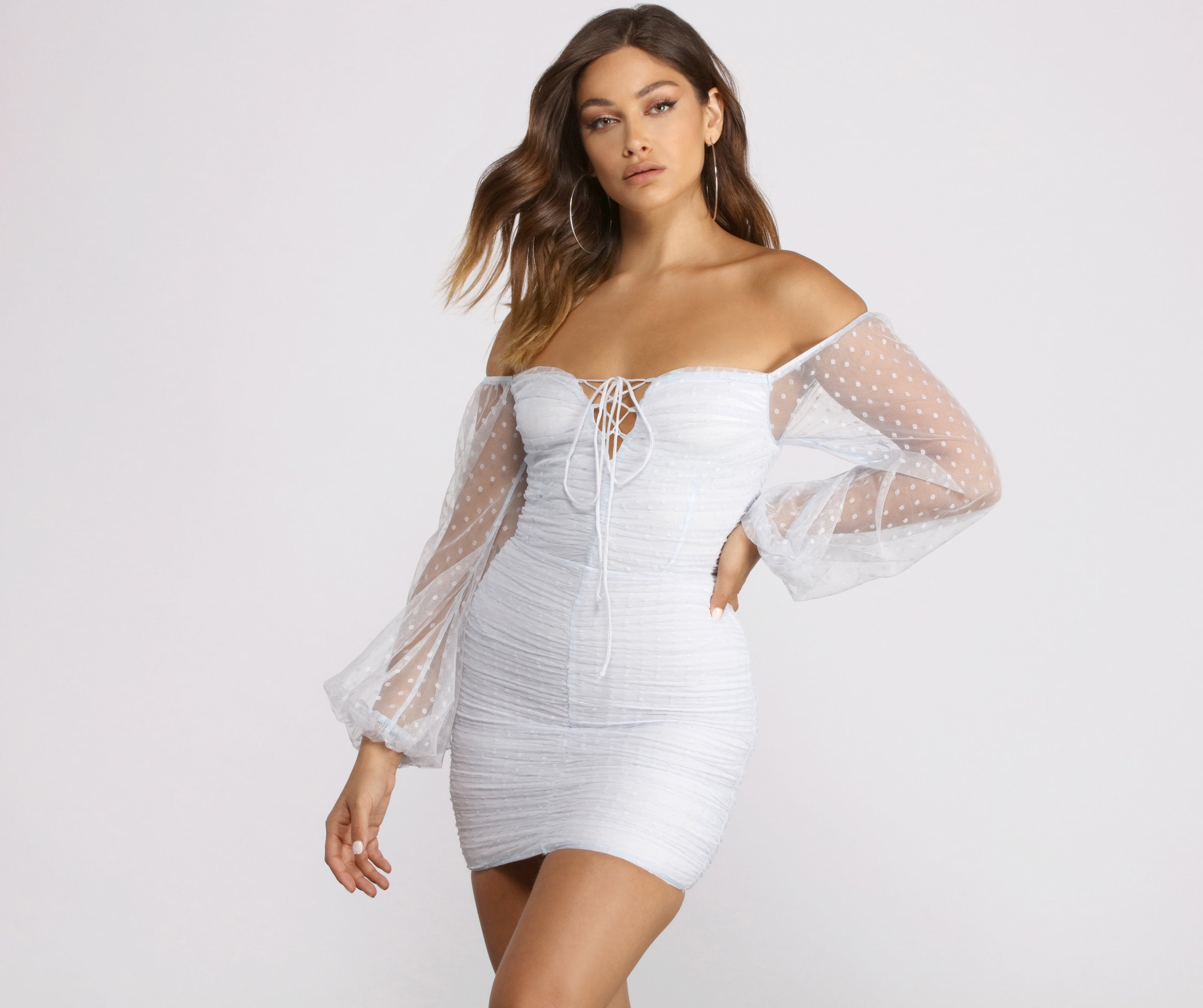 Off The Shoulder Ruched Dotted Mini Dress - Fashionpara