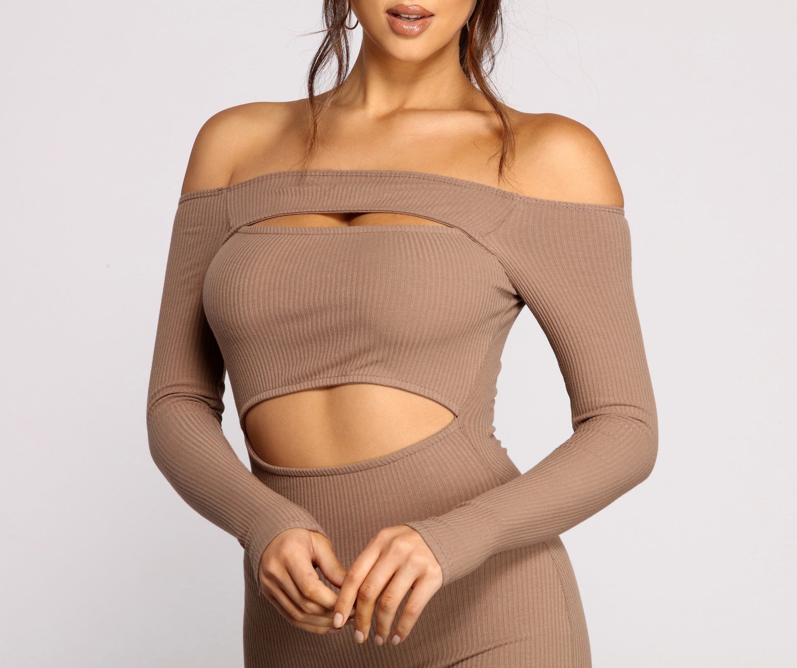 Off The Shoulder Ribbed Knit Cutout Mini Dress - Fashionpara