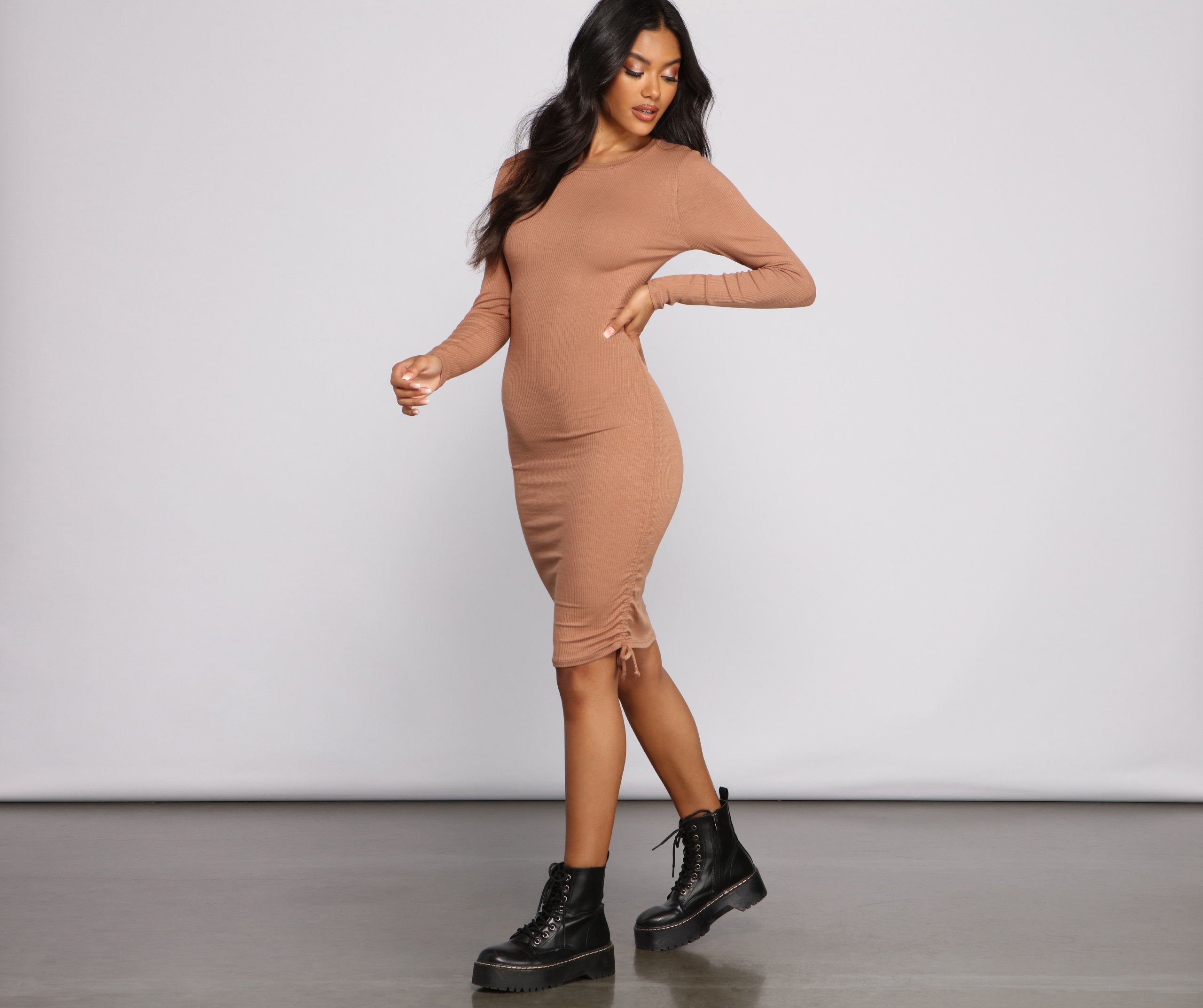 Ruched And Ribbed Knit Crew Neck Mini Dress - Fashionpara