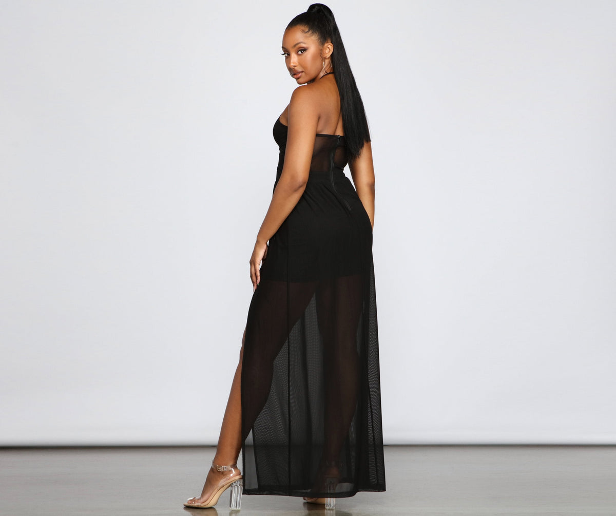 Sheer Mesh Halter Keyhole High Split Maxi Dress 2