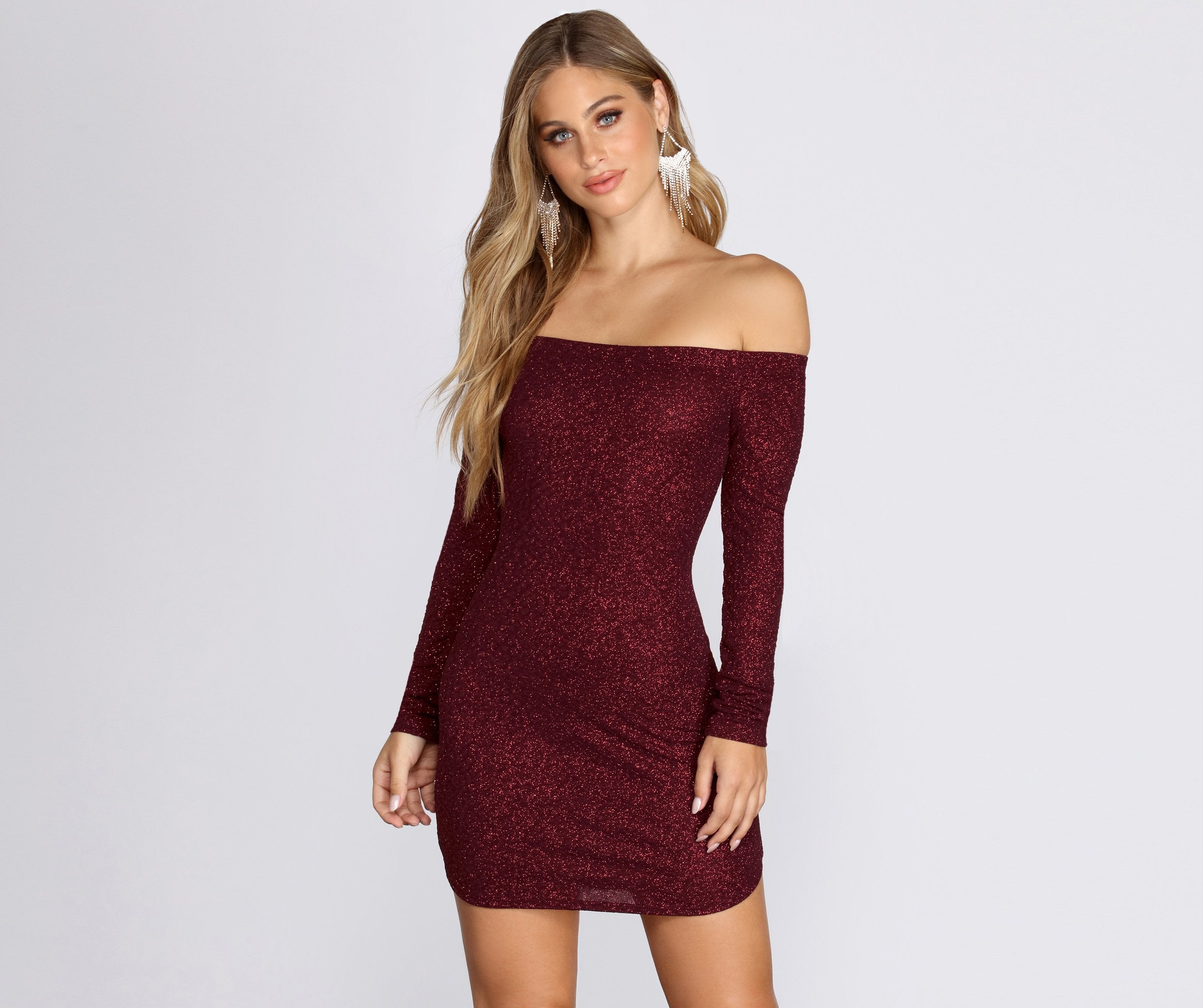 Off Shoulder Long Sleeve Glittering Mini Dress - Fashionpara