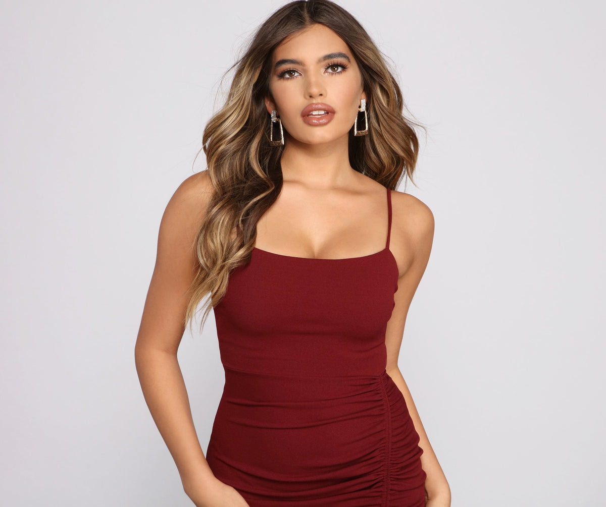 Square Neck Ruched Drawstring Bodycon Mini Dress