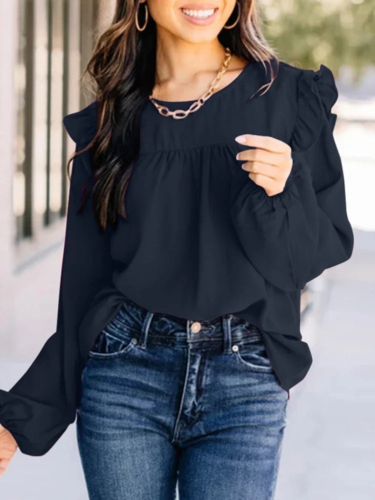 Pleated Front Lantern Sleeve Casual Chic Blouse