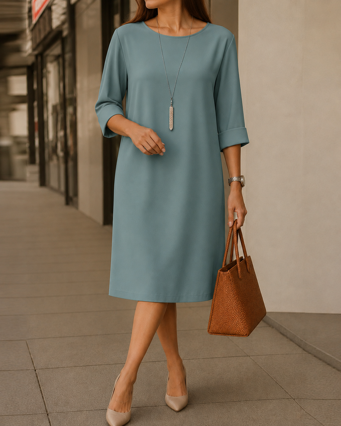 Round Neck Roll Tab Sleeve Pocket Shift Midi Dress 8