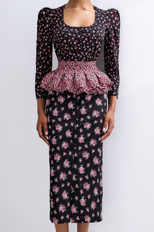 Square Neck Digital Print Ruffled Belt Floral Dress