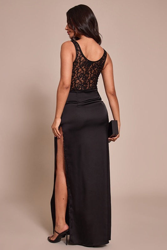 Lace Scoop Neck Sleeveless Satin Cowl Maxi Dress