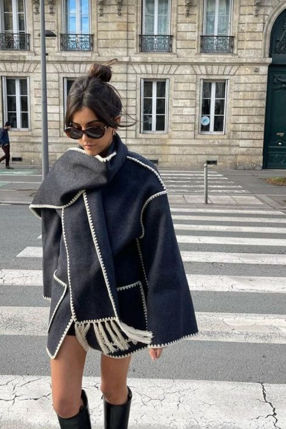 Wool Blend Scarf Fringe Coat - Fashionpara