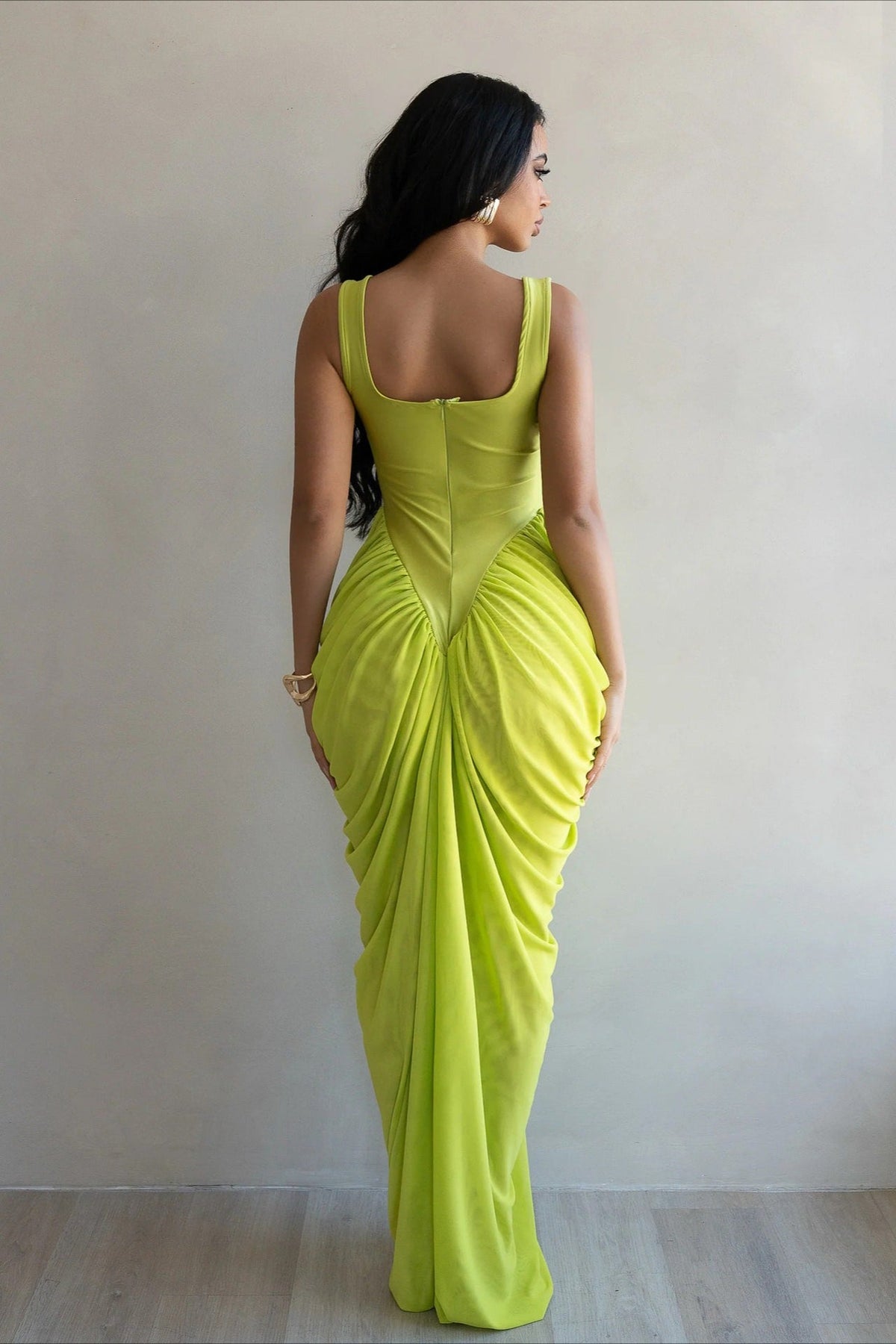 Mesh Scoop Neck Ruched Draped Mermaid Maxi Dress