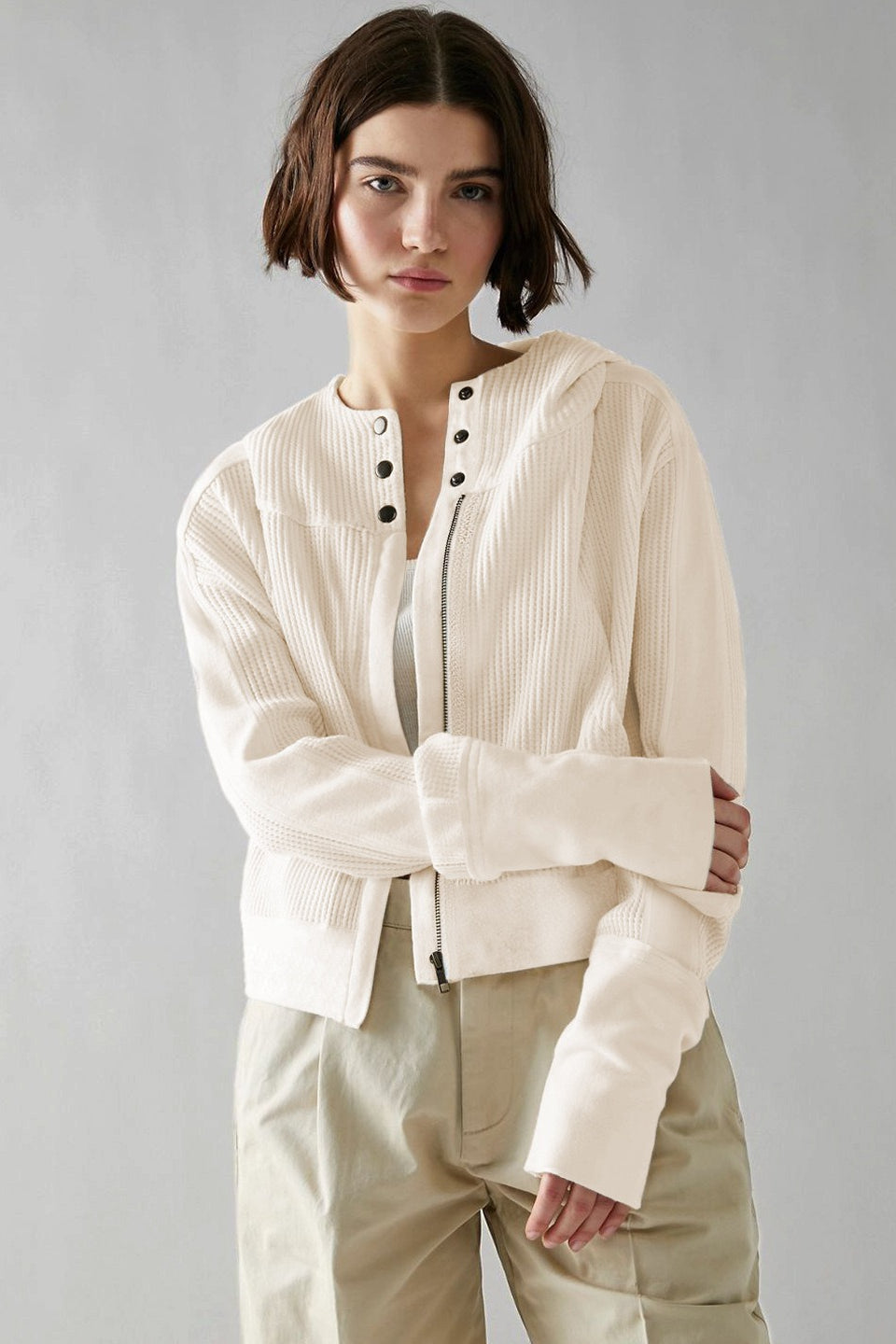 Waffle Texture Zip Front Cropped Hoodie