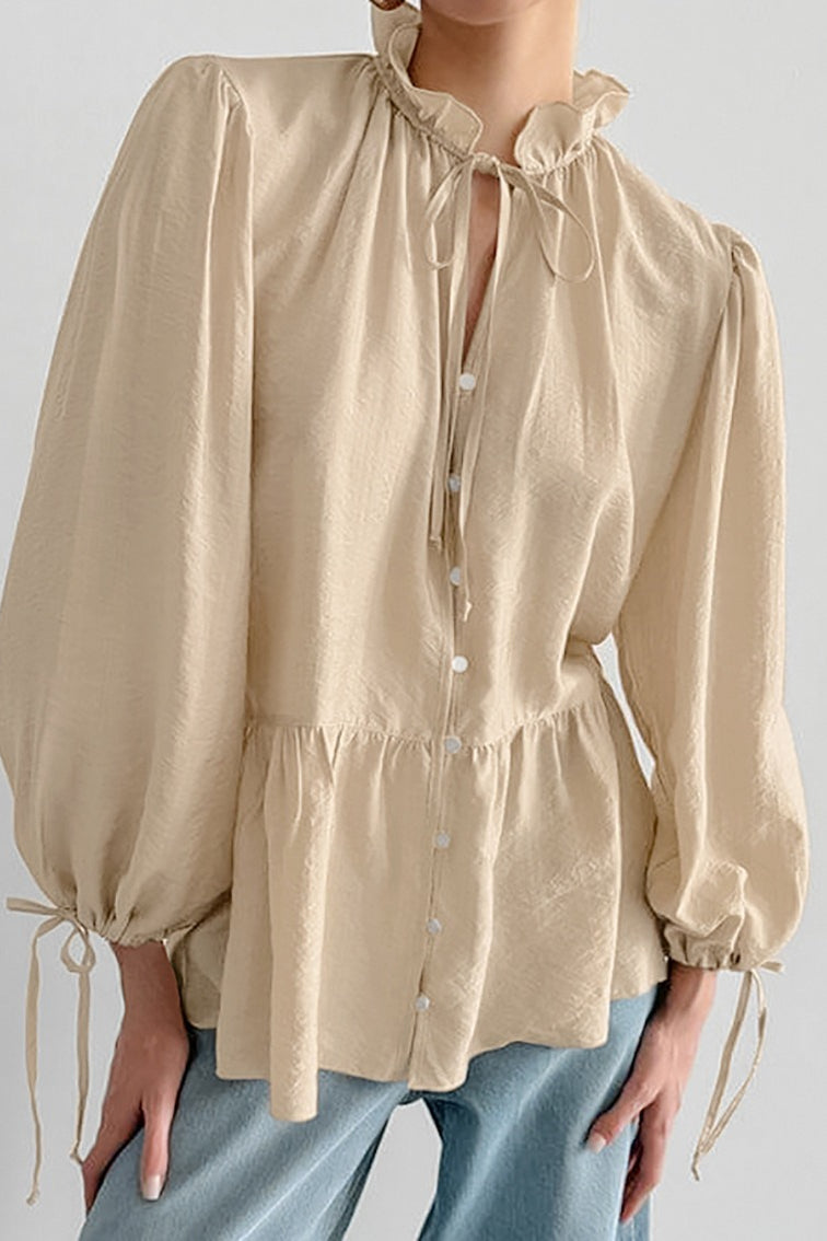 Sheer Puff Sleeve Tie Blouse - Fashionpara