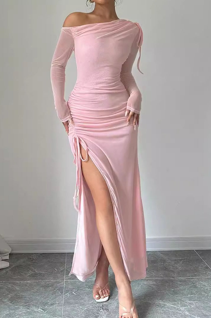 Mesh One-Shoulder Long Sleeve Ruched Slit Bodycon Maxi Dress 2