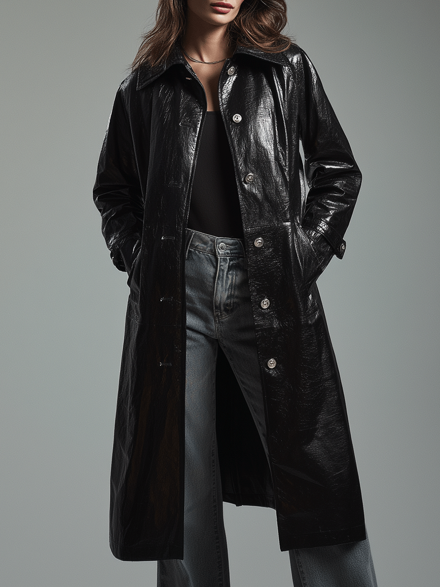 Vintage Sleek Patent Black Statement Coat - Fashionpara