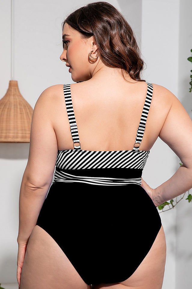 Striped Tie Waist One Piece Swimsuit - Fashionpara