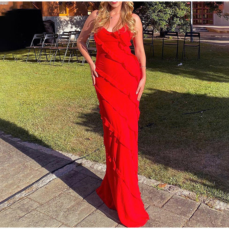 Spaghetti Strap Deep V-Neck Diagonal Tiered Ruffle Maxi Gown - View 7