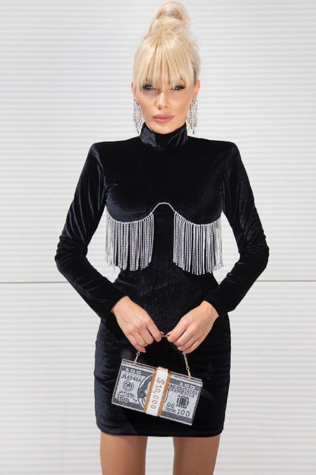 Velvet High Neck Long Sleeve Fringe Bodycon Mini Dress