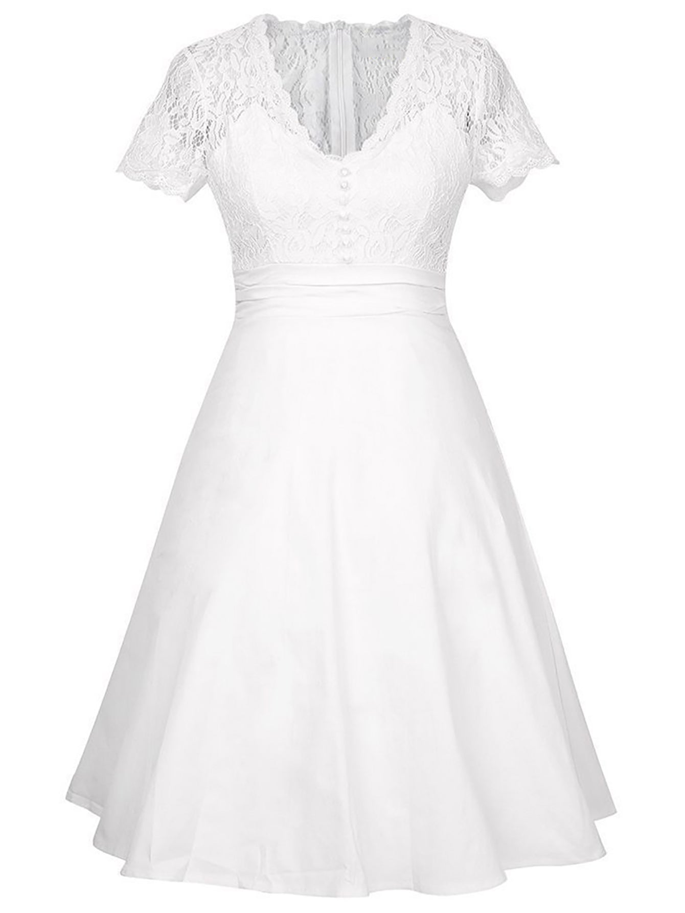 White V Neck Lace Panel Sexy Midi Graduation Dress - Fashionpara