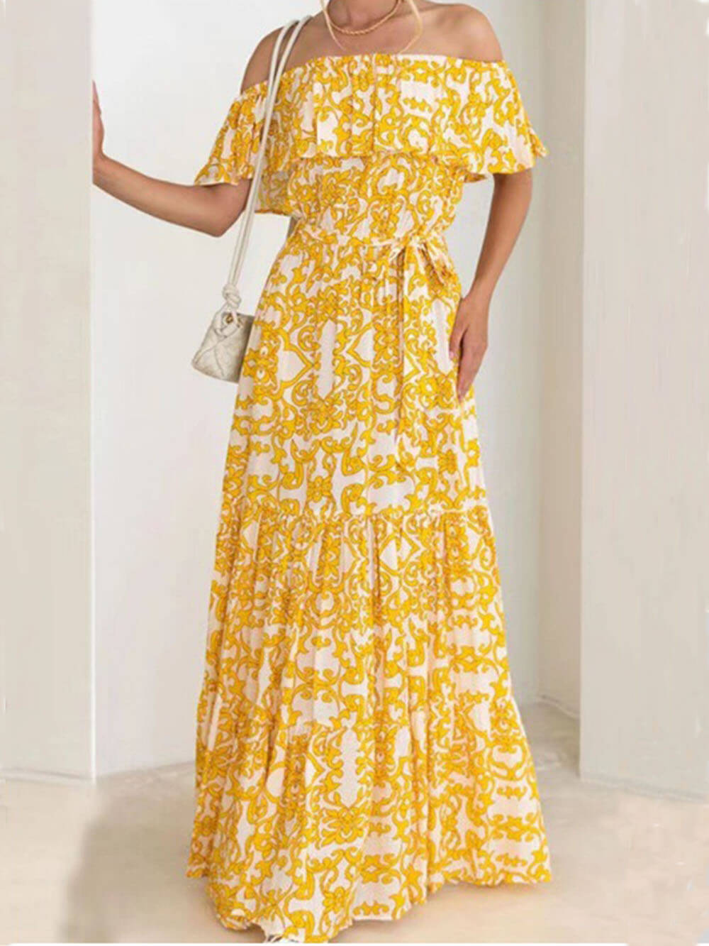One-Shoulder Short-Sleeve Printed Ruffle Maxi Dress - Fashionpara
