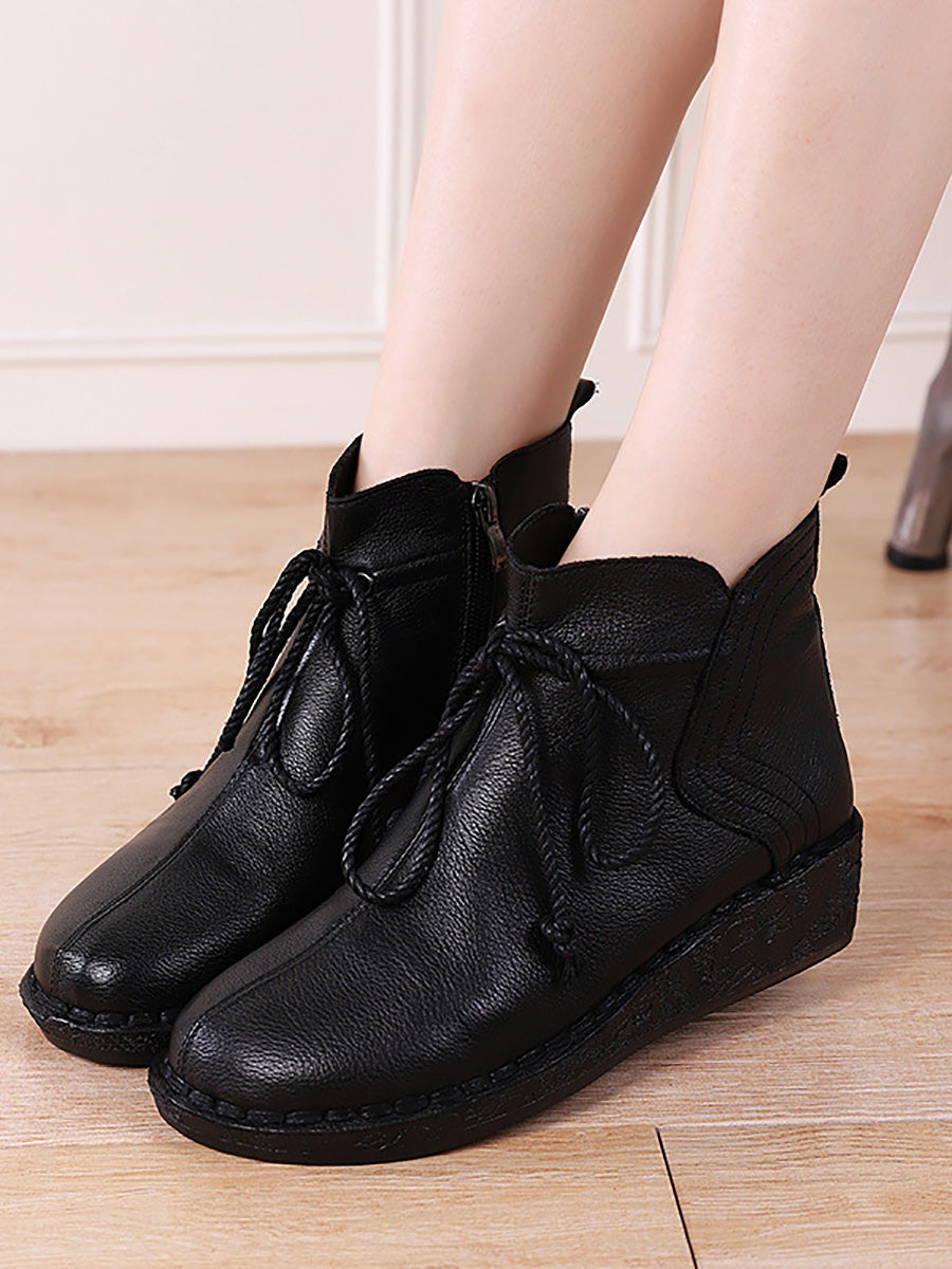 Vintage Genuine Leather Strap Zipper Low Heel Boots