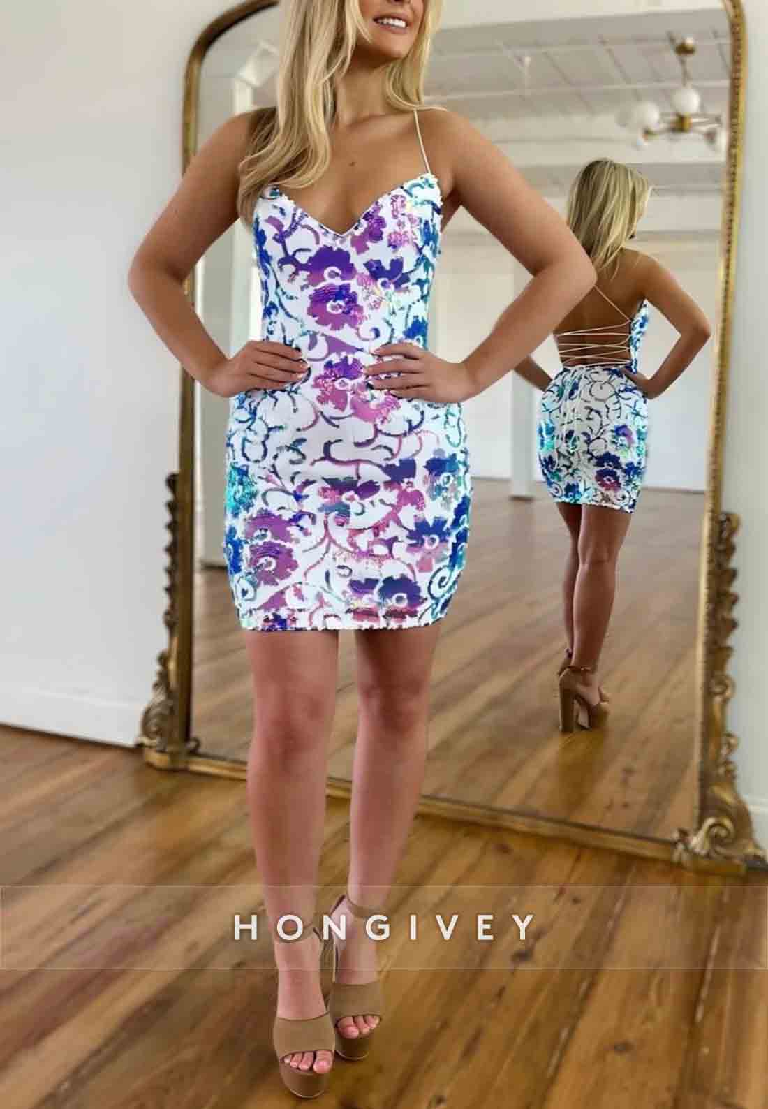 V-Neck Spaghetti Straps Tie Back Sleeveless Mini Homecoming Dresses
