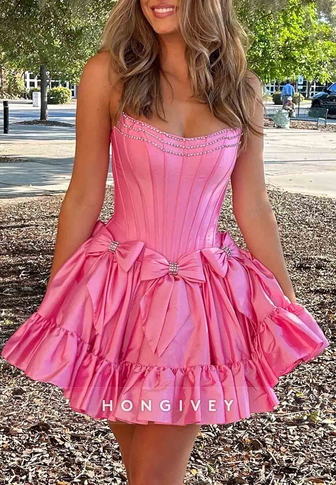 Bowknot Ruched Strapless Satin Pleated Ball Gown Short Homecoming Dresses