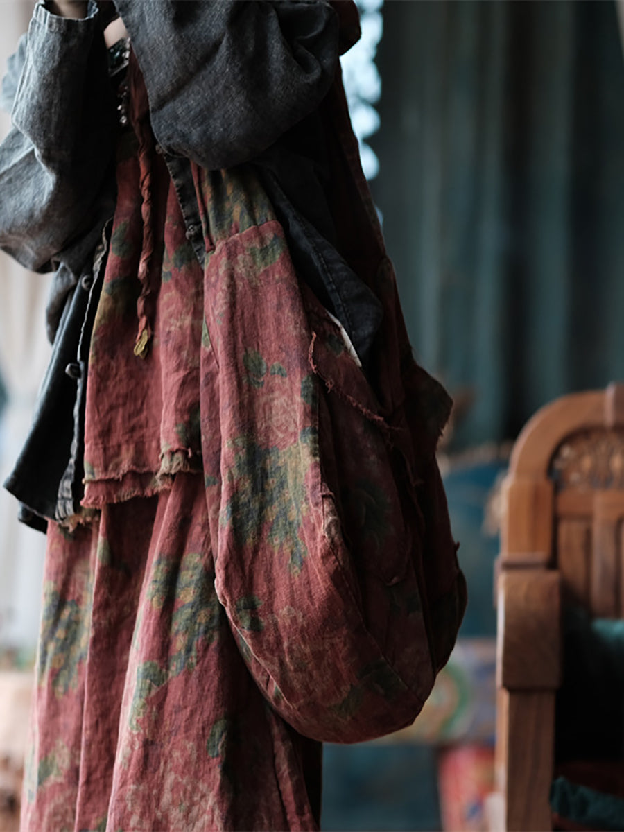 Retro Floral Spliced Linen Shoulder Bag