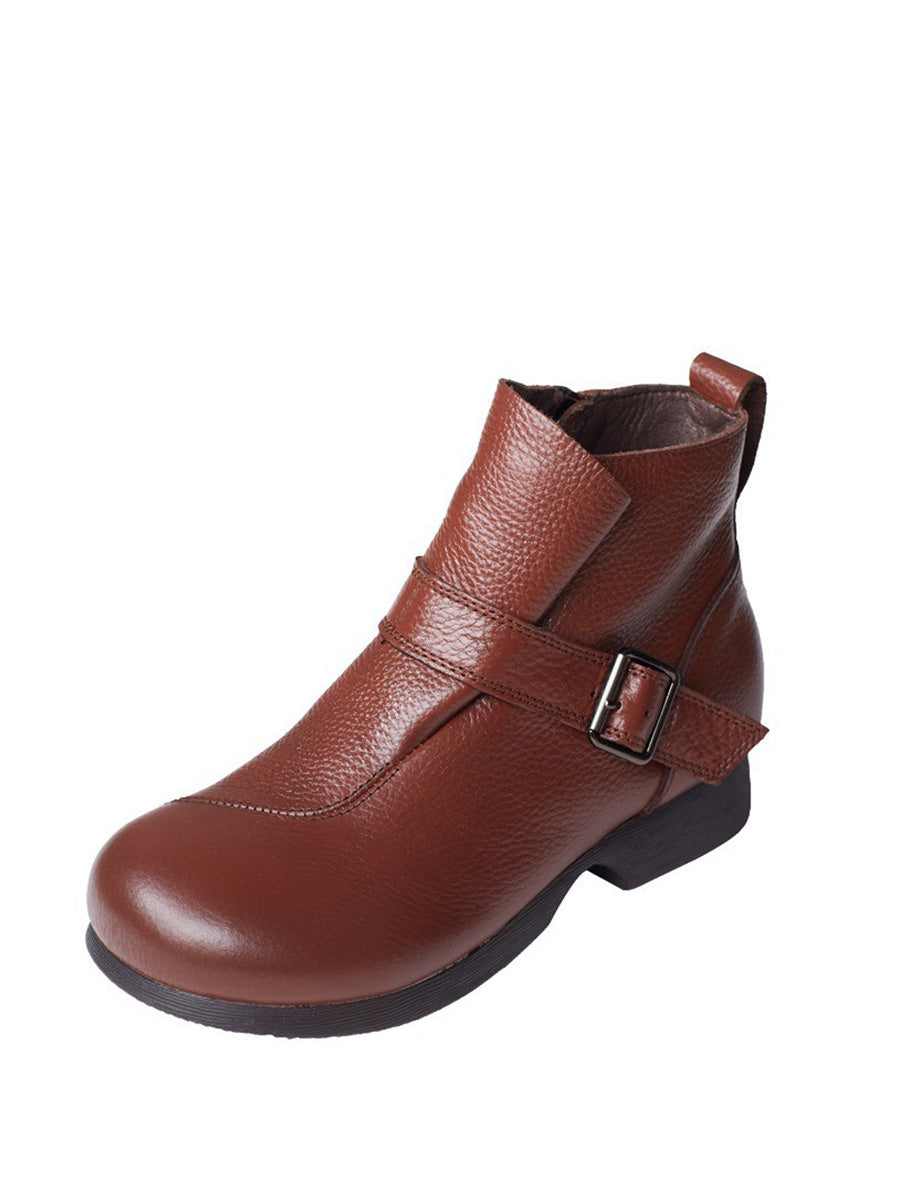 Vintage Autumn Soft Leather Buckle Low Heel Boots