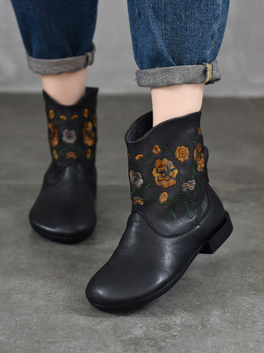 Vintage Flower Embroidery Leather Low Heel Boots
