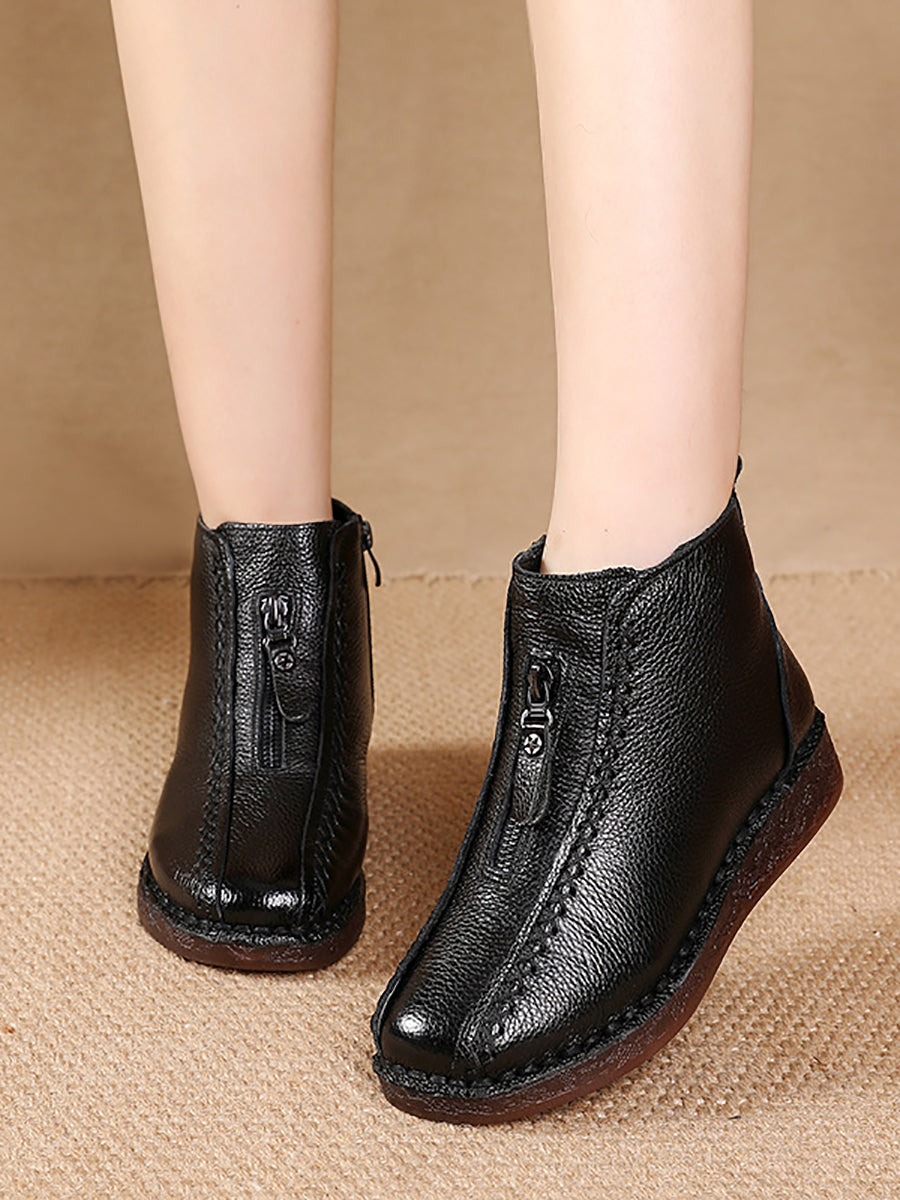 Winter Vintage Leather Fleece-lined Low Heel Boots