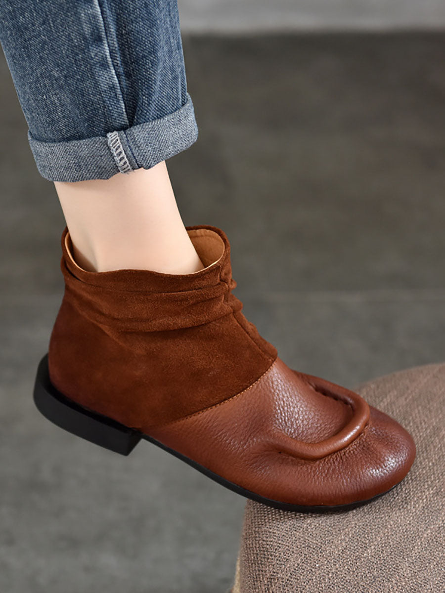 Vintage Suded Leather Spliced Low Heel Boots