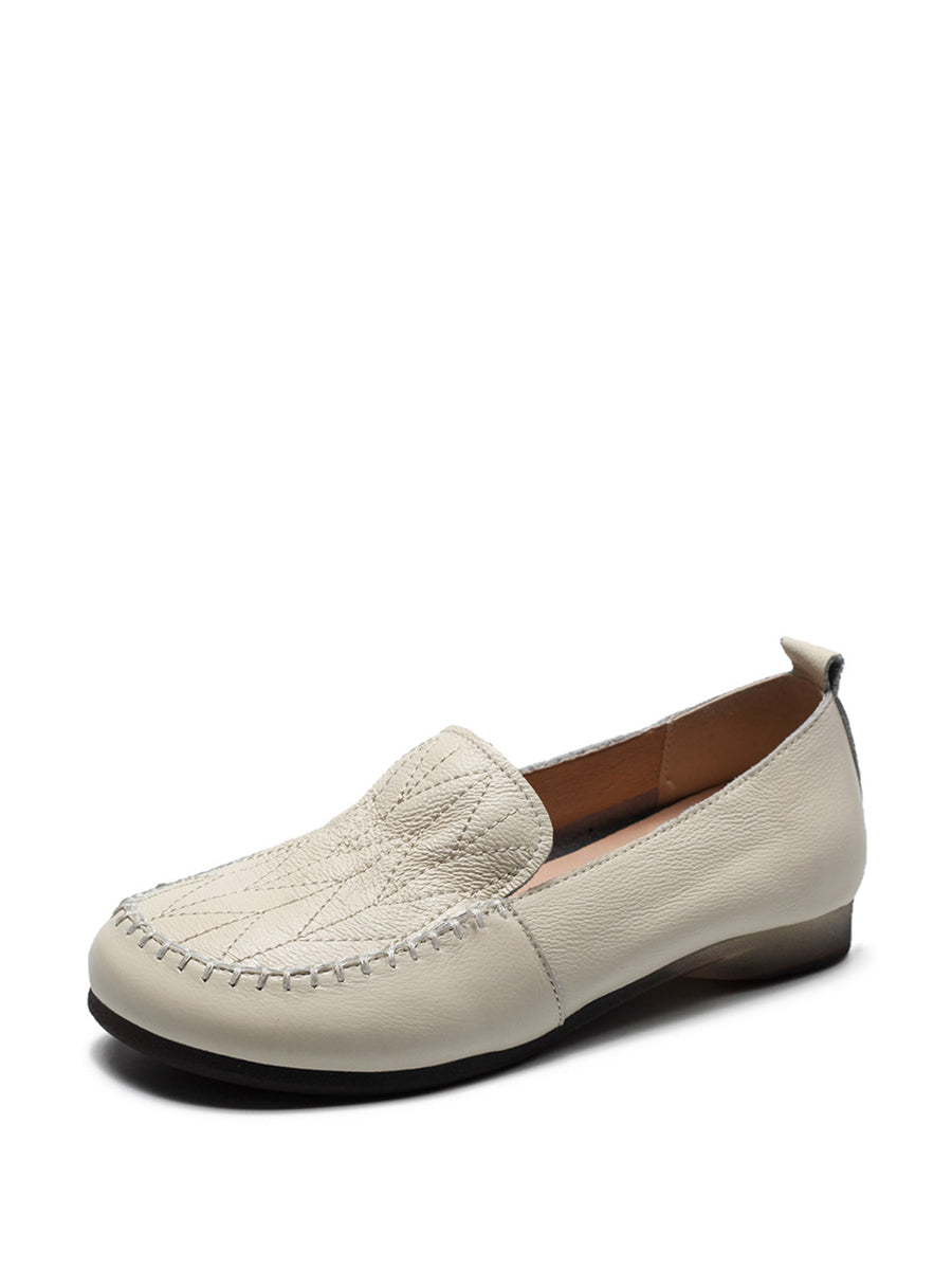 Vintage Genuine Leather Stitching Low Heel Shoes
