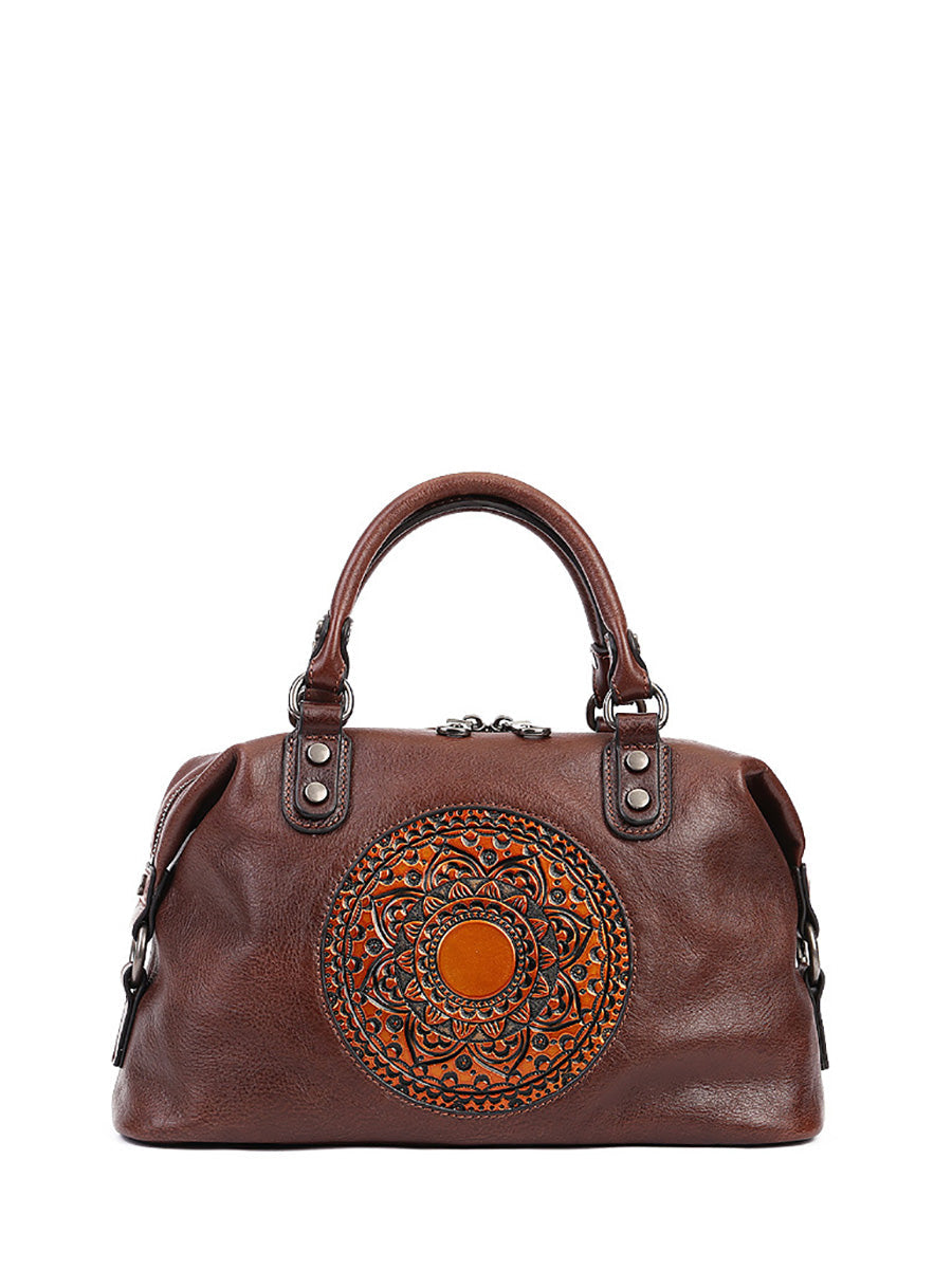 Leather Flower Spliced Capacity Hand Bag Shoulder Bag