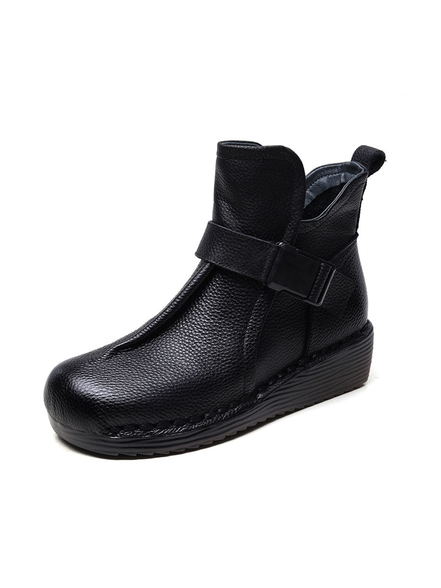 Retro Leather Spliced Mid Heel Ankle Boots