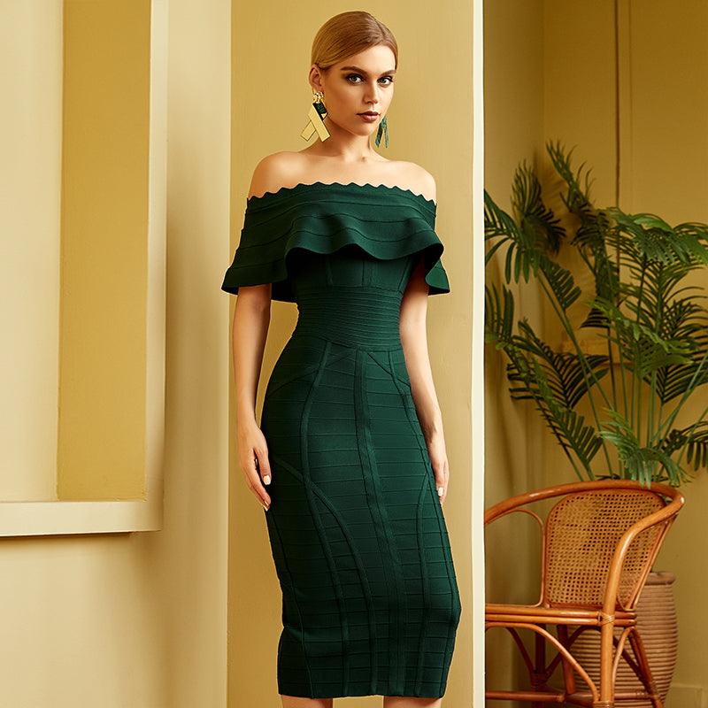 Emerald Green Off Shoulder Bandage Dress - Fashionpara
