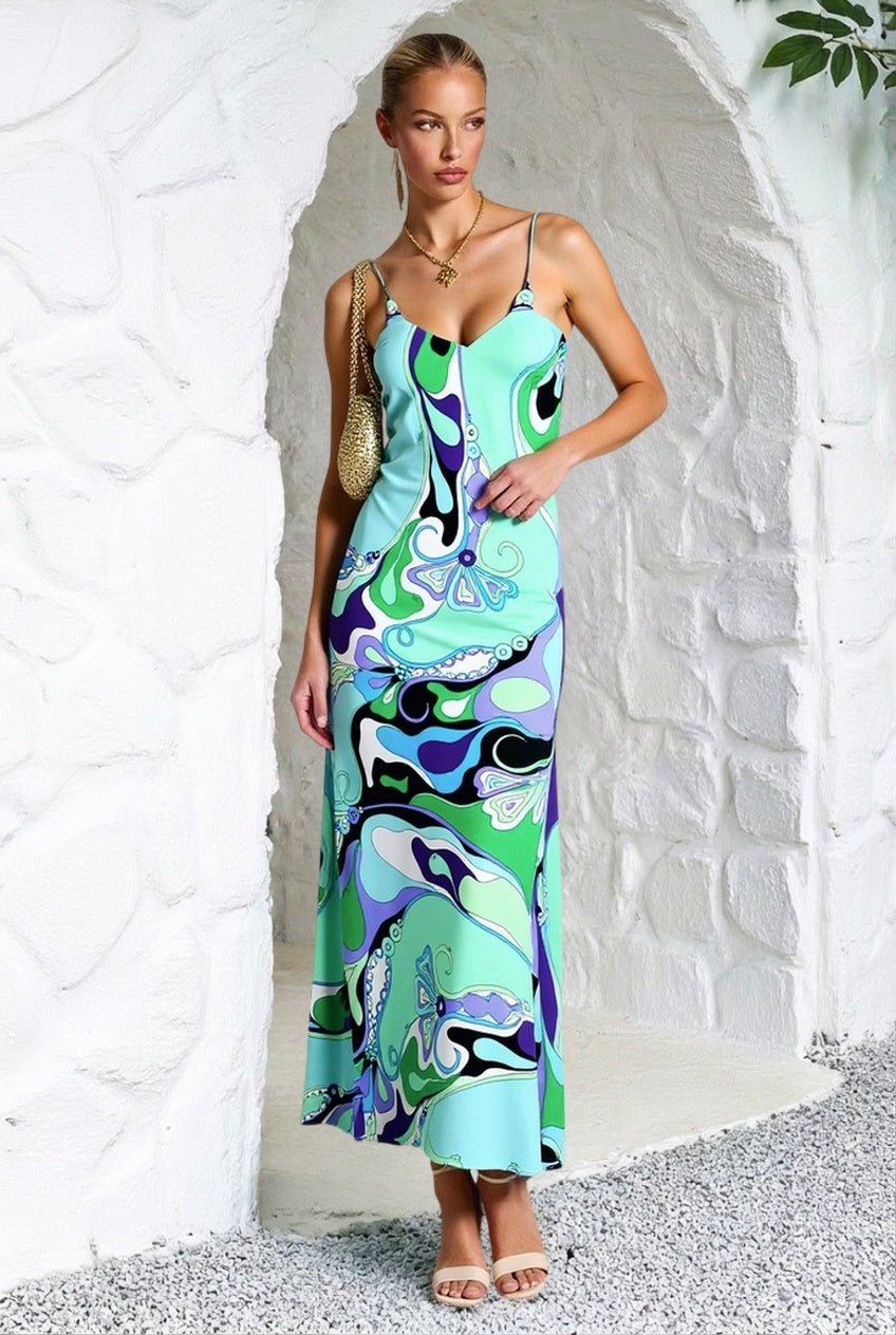 Swirl Print V-Neck Spaghetti Strap Bias-Cut Maxi Dress