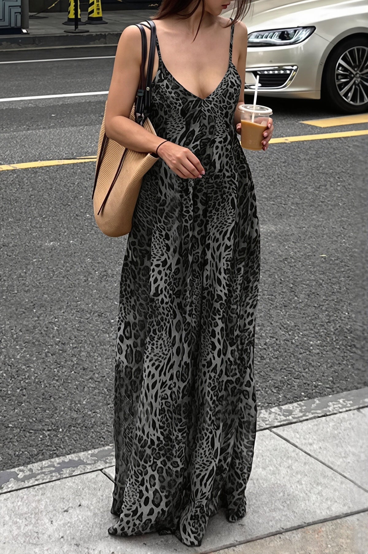 Leopard Print V-Neck Strappy Flowy Maxi Dress