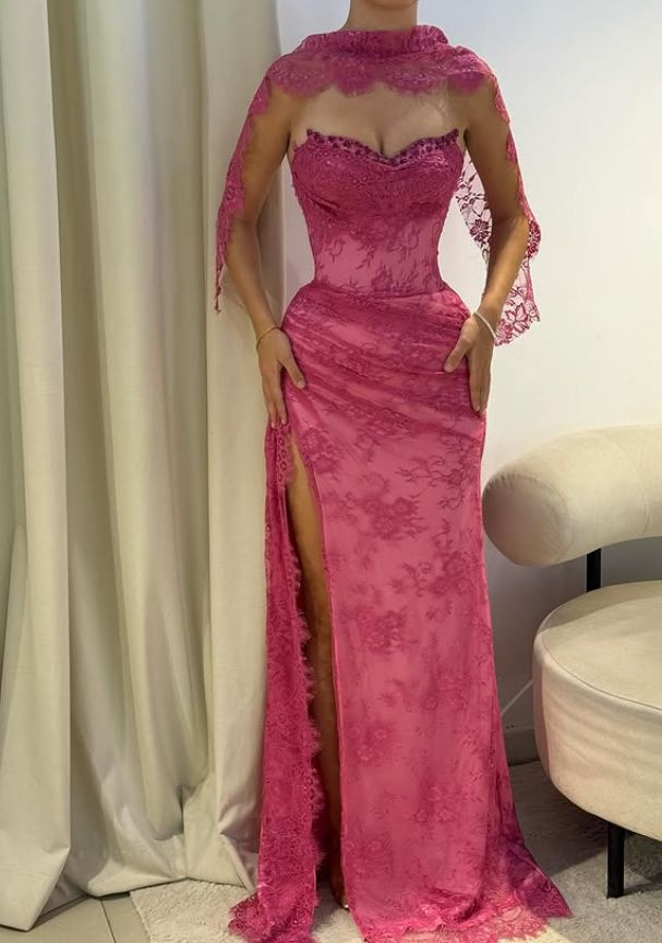 Pink Lace Prom Dress Sweetheart Neck Evening Dress With Slit - Fashionpara