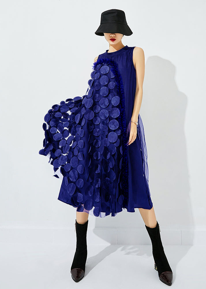 3D Circle Appliqué Asymmetric Drape High Neck Mesh Midi Dress - View 7